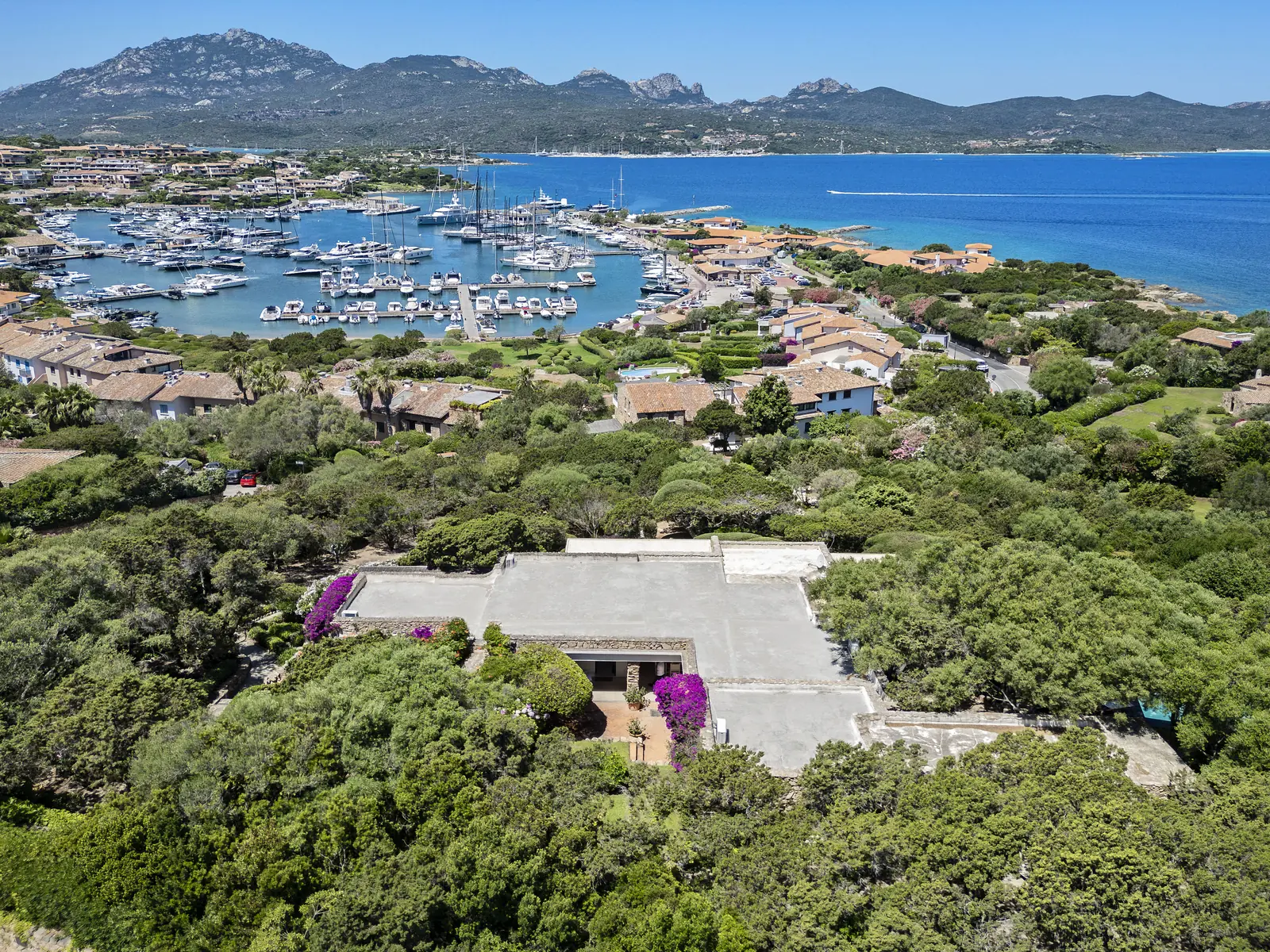 The marina of Porto Rotondo seen from above with moored boats